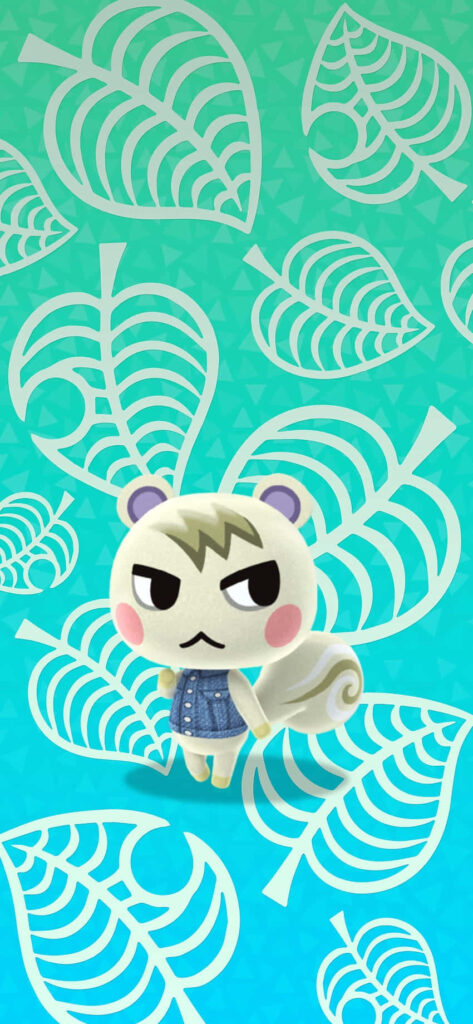 Marshall from Animal Crossing New Horizons on teal background with white leaf pattern wallpaper