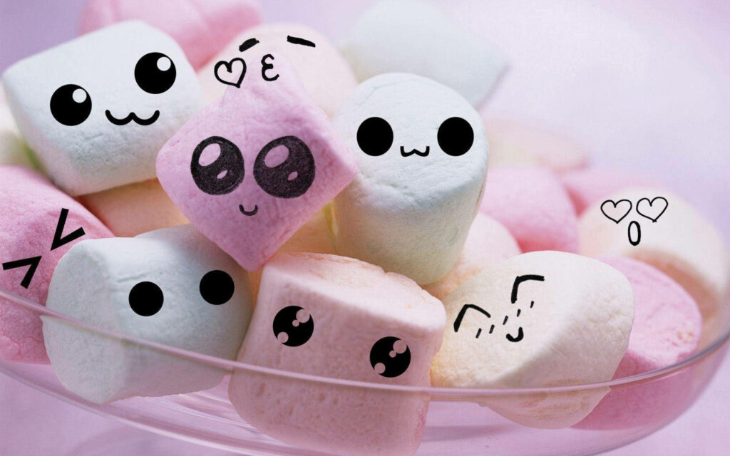 Delightful Marshmallow Medley: Adorable Emoticon Treats in Crystal Pool Wallpaper