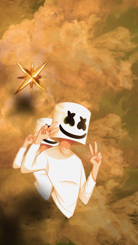 Stylized Marshmello digital illustration peace sign double exposure amber background wallpaper