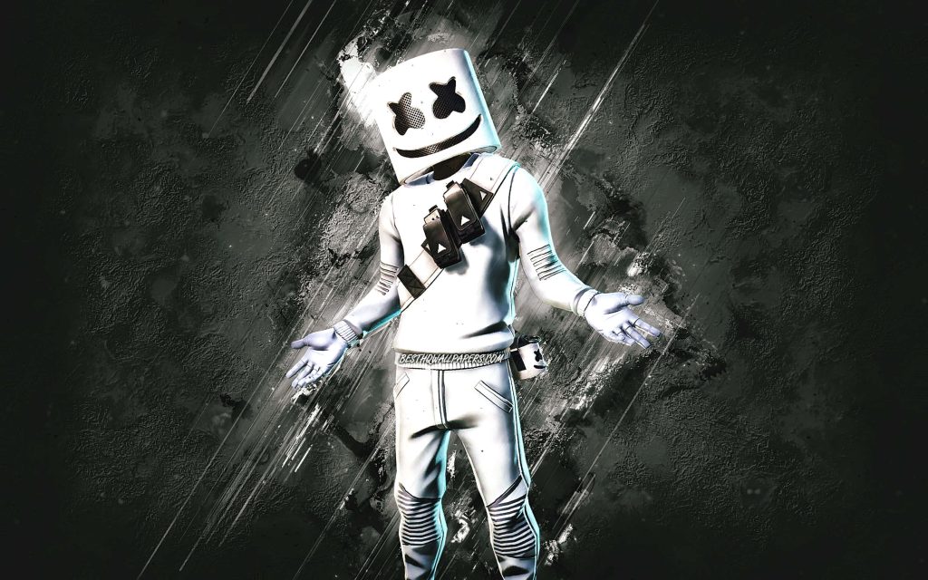 Marshmello Fortnite skin in white outfit on dark grunge background with motion streaks wallpaper