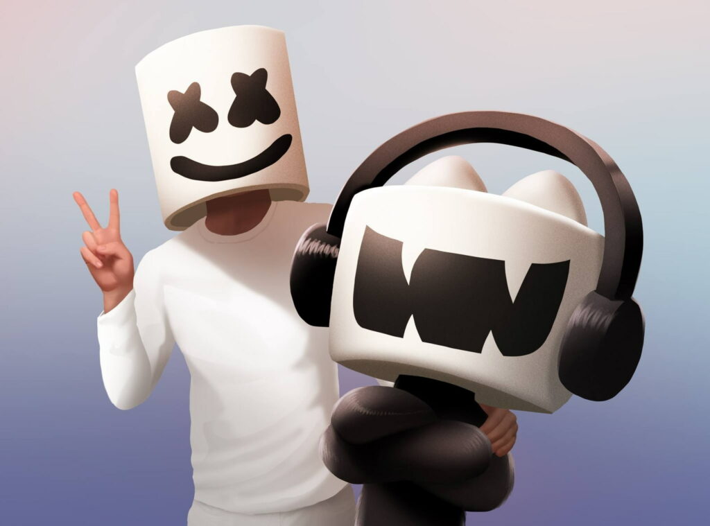 EDM artist Marshmello 3D digital art giving peace sign holding black headphone figure wallpaper