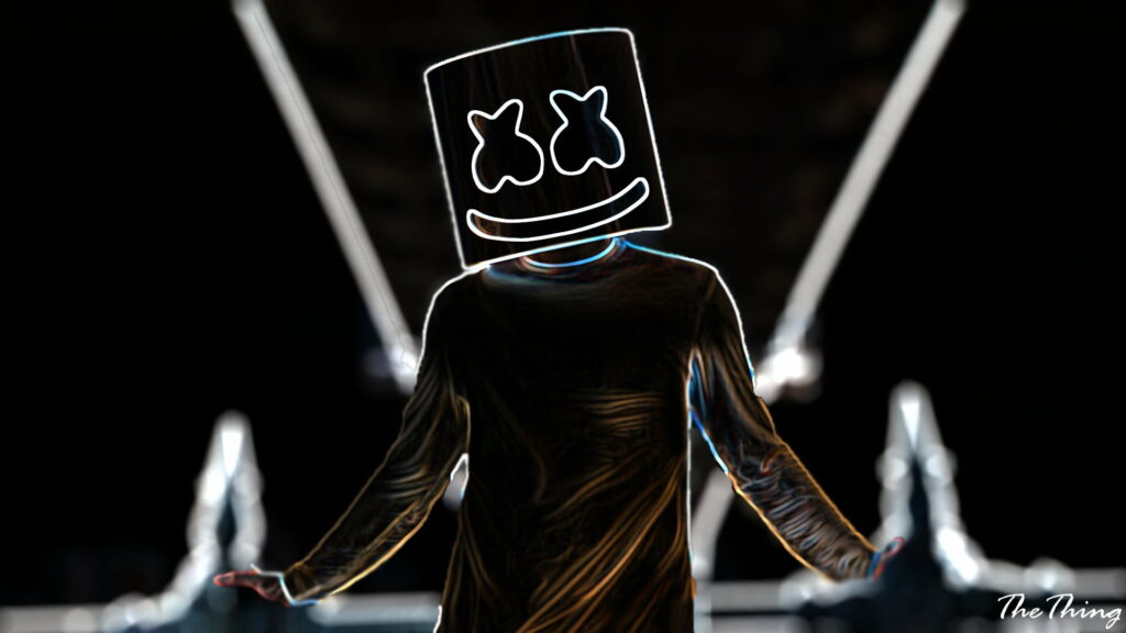 DJ Marshmello neon outline against dark background high definition concert wallpaper design