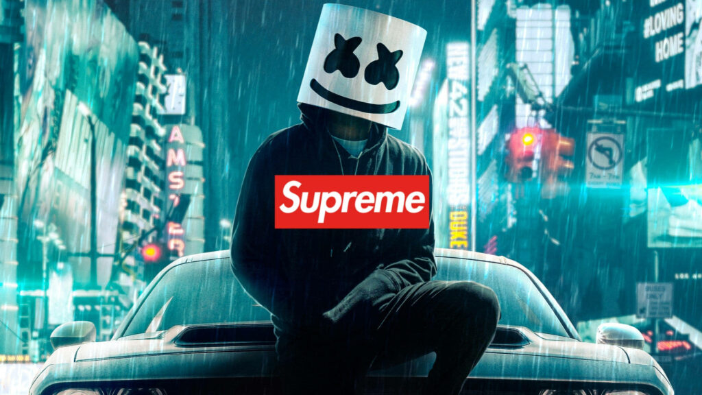 Rainy Ride with Marshmello: Rocking the Cool Supreme Logo on a Car Wallpaper