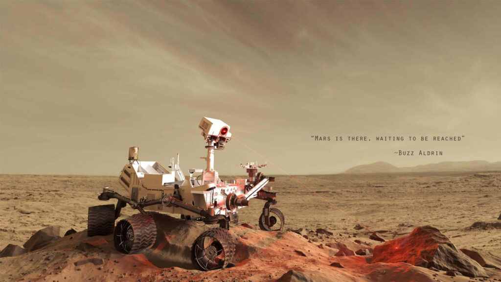 Martian Rover Adventure: Rugged Landscape Under Dusty Orange Sky Wallpaper