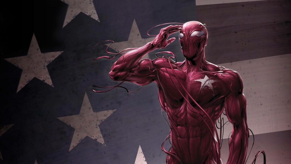 Marvel Carnage Saluting with Dramatic US Flag | Intense Wallpaper