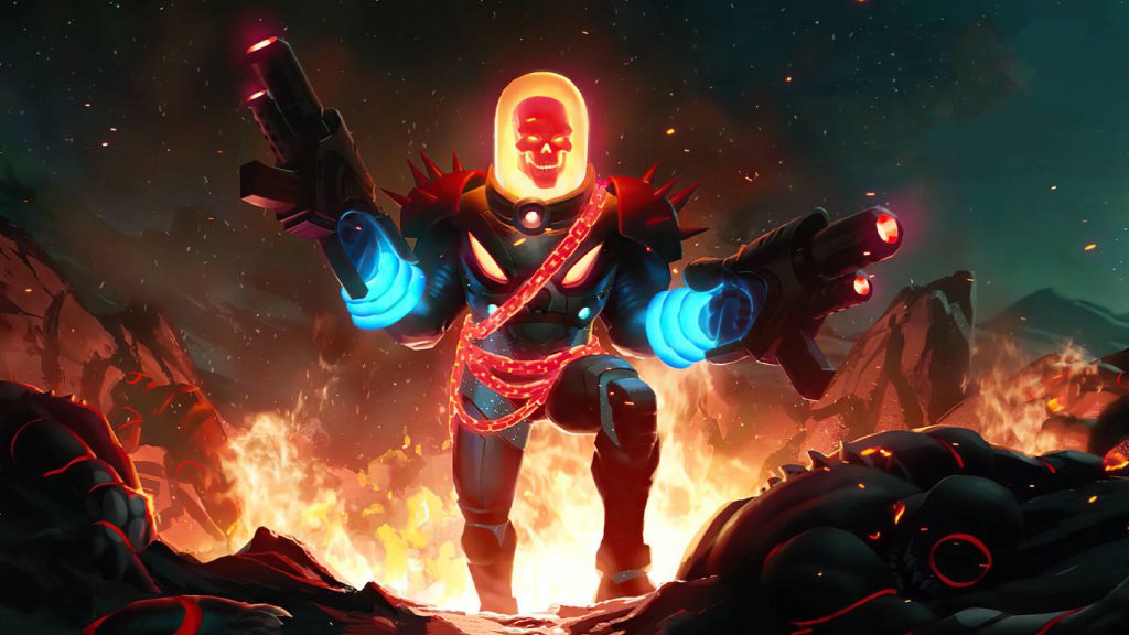 Marvel Cosmic Ghost Rider 3D wallpaper glowing flaming skull cybernetic armor fire background