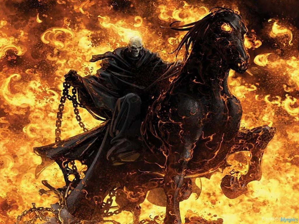 Marvel Ghost Rider on flaming horse 3D digital art wallpaper fiery inferno action background