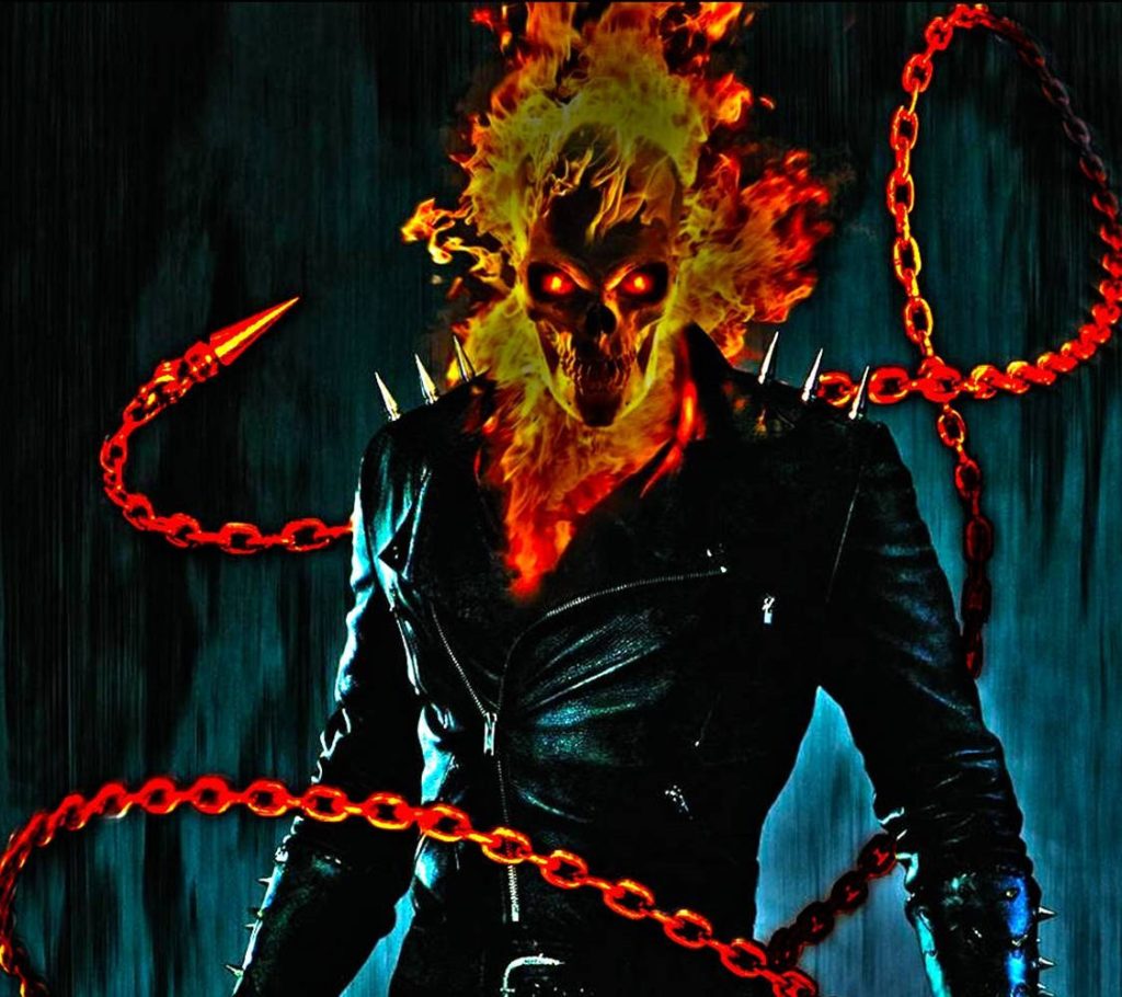 Marvel Ghost Rider 3D wallpaper flaming skull red eyes spiked jacket blazing chains intense design