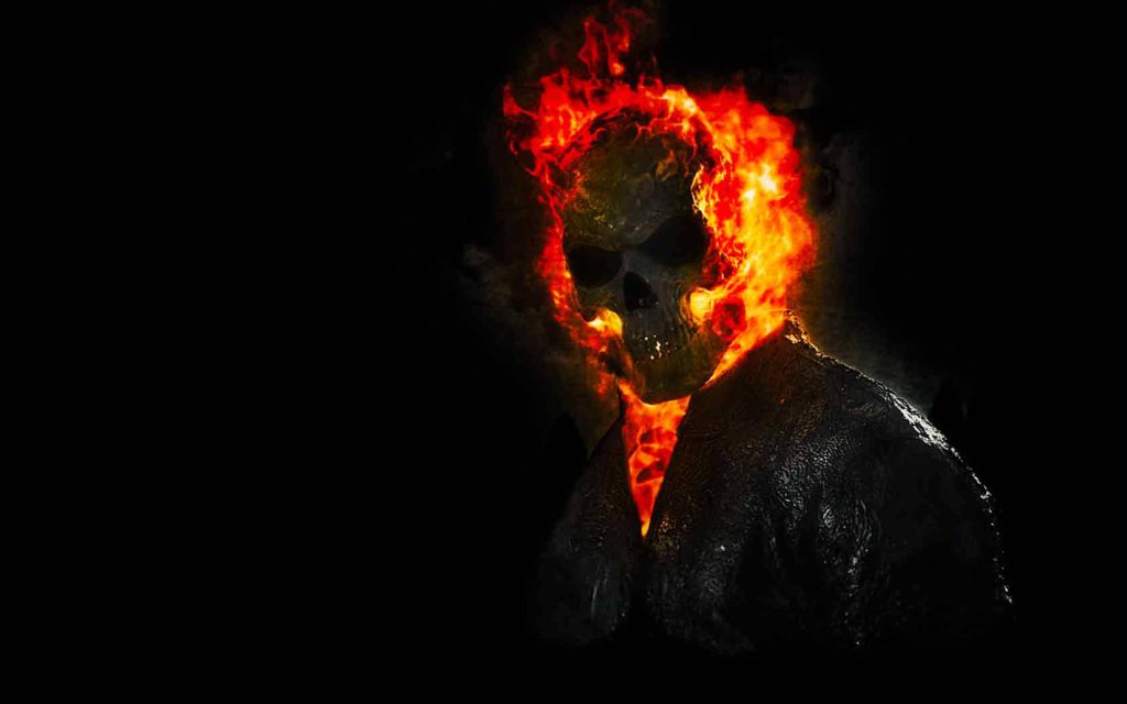 Marvel Ghost Rider digital art fiery skull flames black leather jacket dark wallpaper