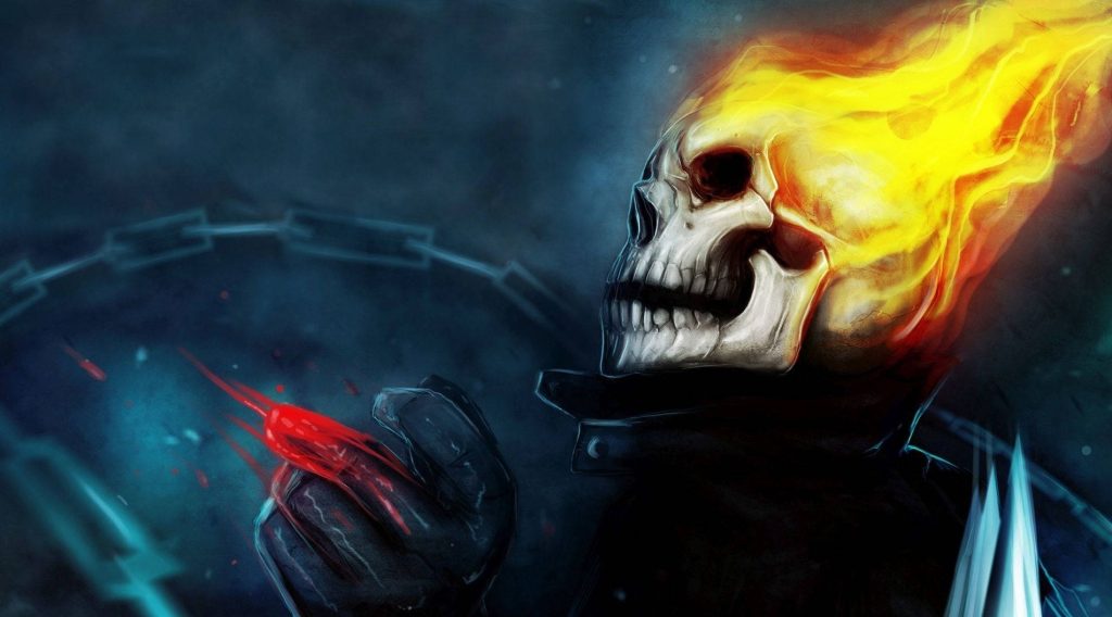 Marvel Ghost Rider digital art flaming skull leather glove chains dark moody blue wallpaper