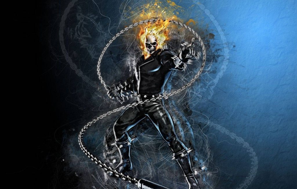 Marvel Ghost Rider digital art wallpaper flaming skull swinging chain dark blue background