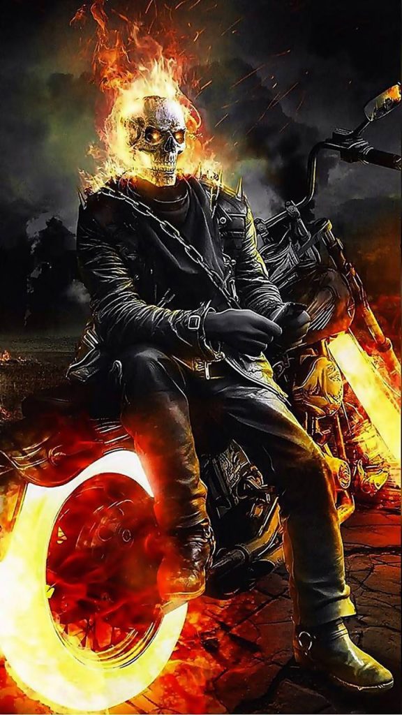 Marvel Ghost Rider flaming skull on burning motorcycle in dark gritty cinematic wallpaper background