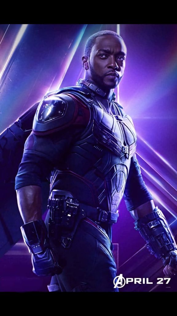 Falcon Sam Wilson in detailed tactical suit with folded wings and purple neon lighting wallpaper
