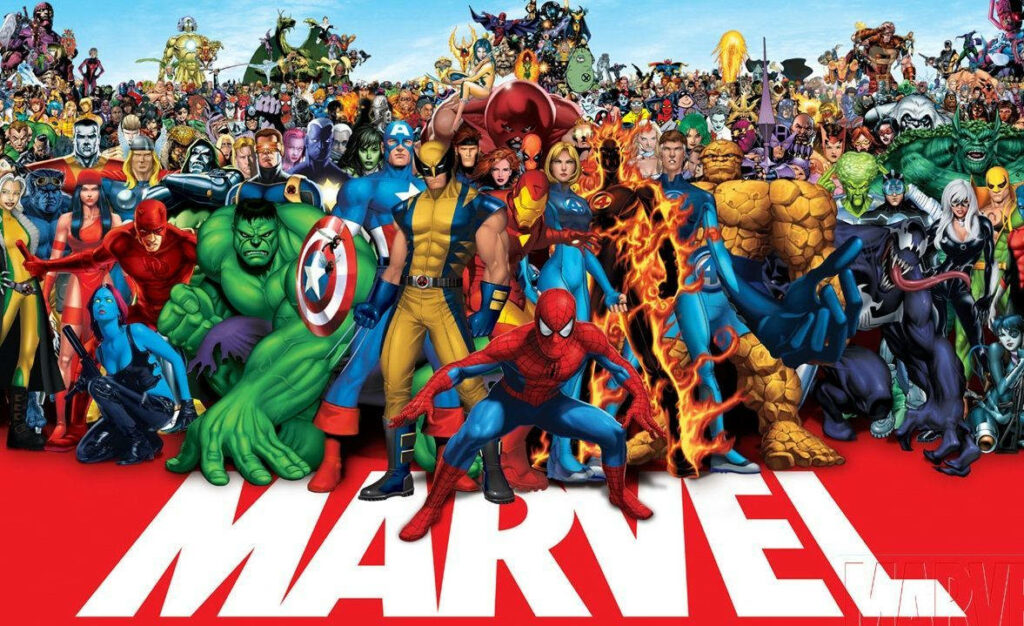 Marvelous Heroes Stand United: A Breathtaking 4k Wallpaper featuring Iconic Marvel Characters with 'Marvel' Typography