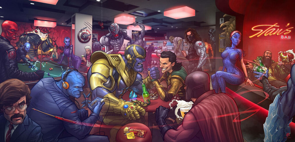 Vibrant Marvel Villains Gather at Stan's Bar - Wallpaper Background