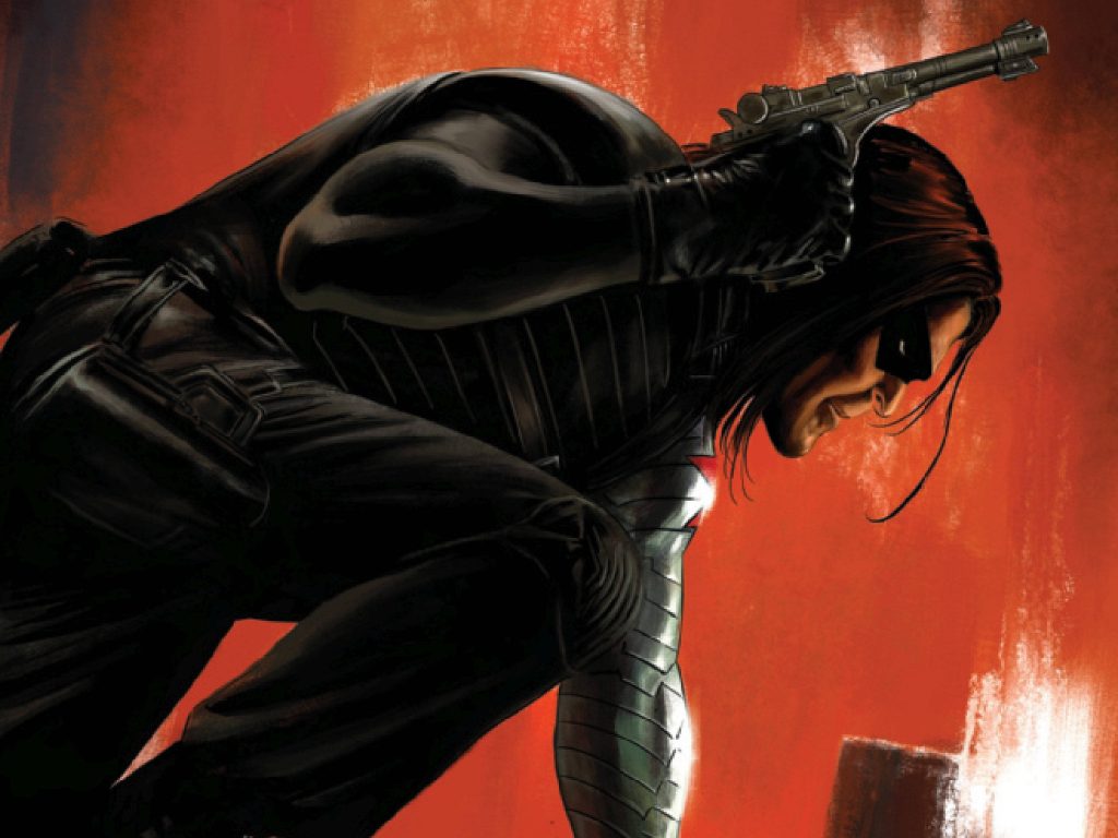 Marvel Winter Soldier crouched with tactical gear silver arm aiming pistol red background wallpaper