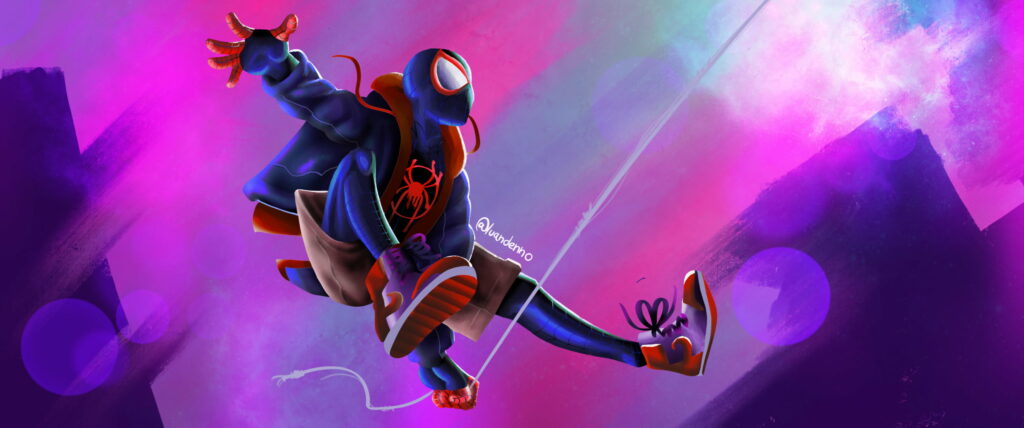 Dynamic Miles Morales Spider-Man Wallpaper in Purple Pink Hue - Action Pose