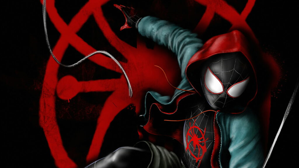 Dynamic Miles Morales Spider-Man Wallpaper: Bold Comic Style Art with Red and Black Suit, Stylized Spider Symbol Backdrop - Background Photo Picture