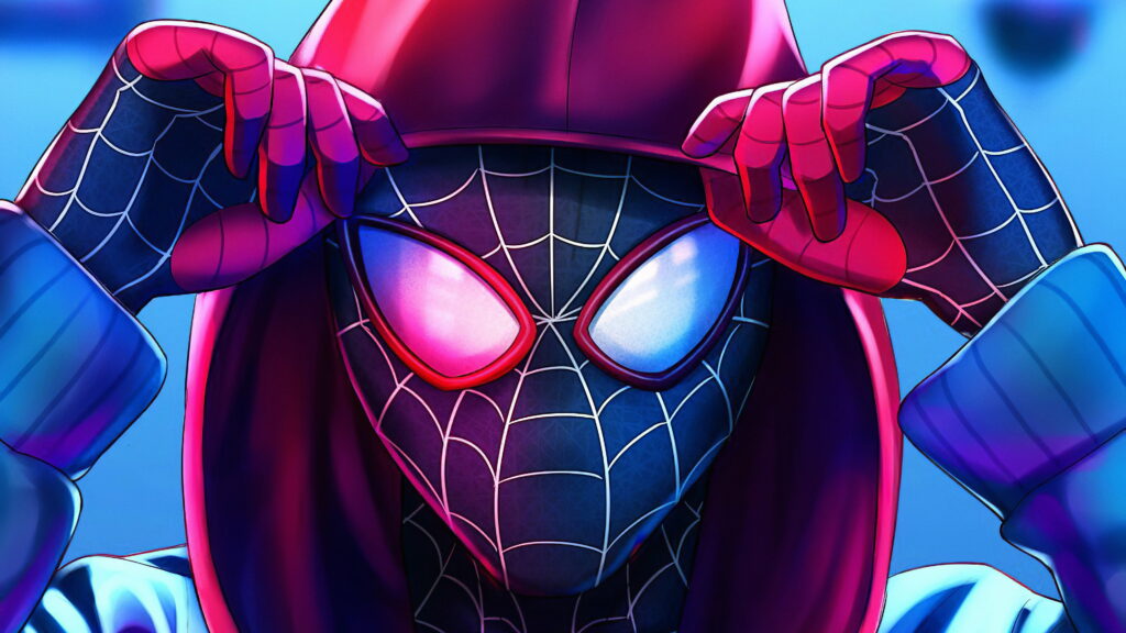 Dynamic Miles Morales Spider-Man Wallpaper - Animated Style & Spider Suit on Blue Background - Cool & Heroic Essence