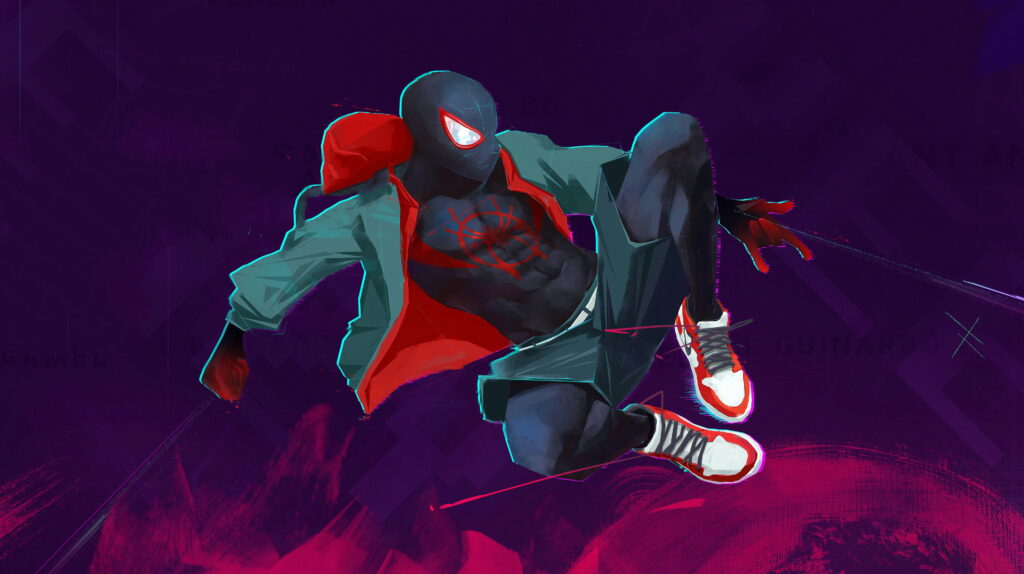 Miles Morales Spider-Man Wallpaper in Action Stance on Abstract Purple Background
