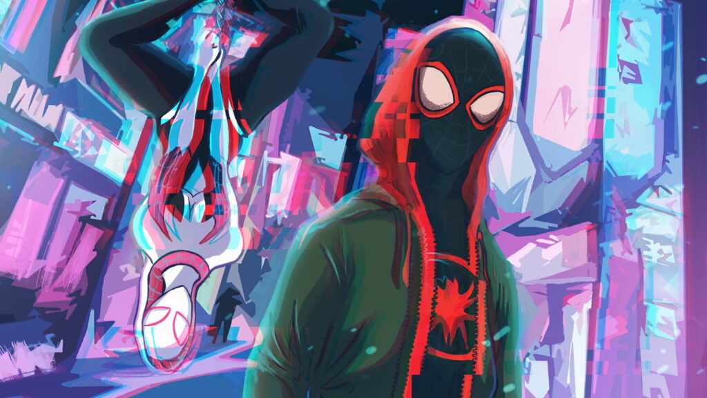 Spider-Man Miles Morales and Spider-Woman Gwen Stacy Urban Wallpaper Art