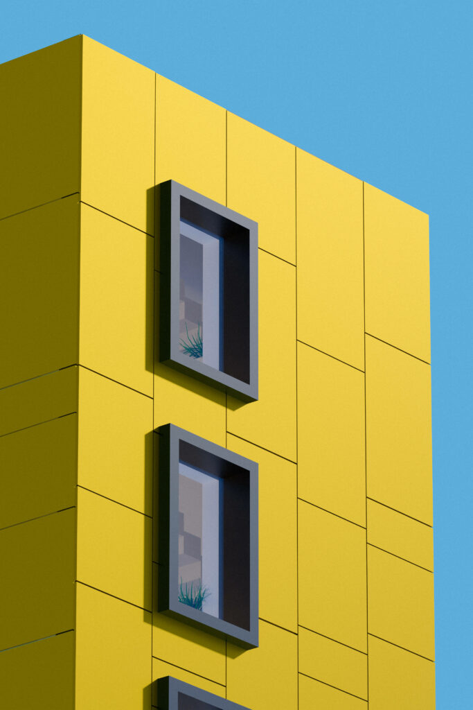 Sunlit Skyscraper: A Stunning 3D Wallpaper with Yellow Building, Glass Windows, and Lush Greenery