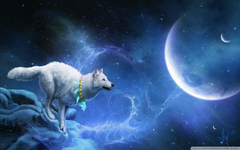 Enchanting Universe: Abstract, Fantasy-inspired Design Showcasing a Majestic White Wolf Amidst a Blue Planet Wallpaper