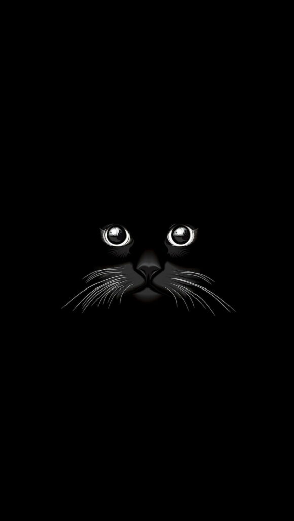 Minimalist black cat digital art with piercing eyes and detailed whiskers on dark wallpaper