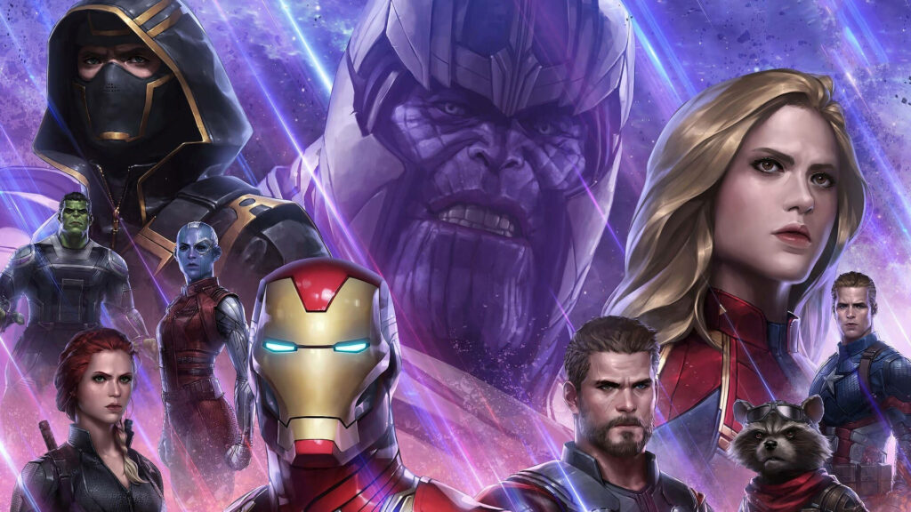 Marvelous Marvel Heroes: A Stunning Purple Backdrop Featuring the Best Avengers and Thanos Wallpaper