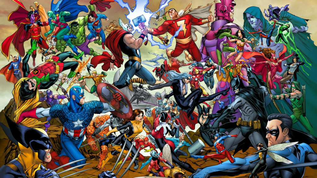 Epic Marvel vs DC battle wallpaper with iconic superheroes and villains in dynamic comic art