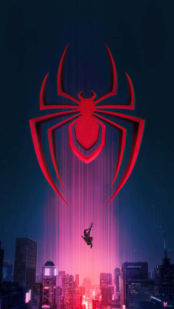 Spider-Man's Epic Leap: Miles Morales Engages in Electrifying Nighttime Heroics amid Glowing Urban Skyscape Wallpaper