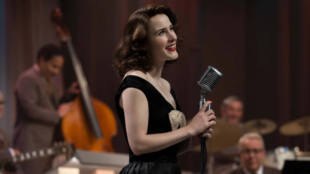 Marvelous Mrs. Maisel Stage Wallpaper with Vintage Microphone and Jazz Band