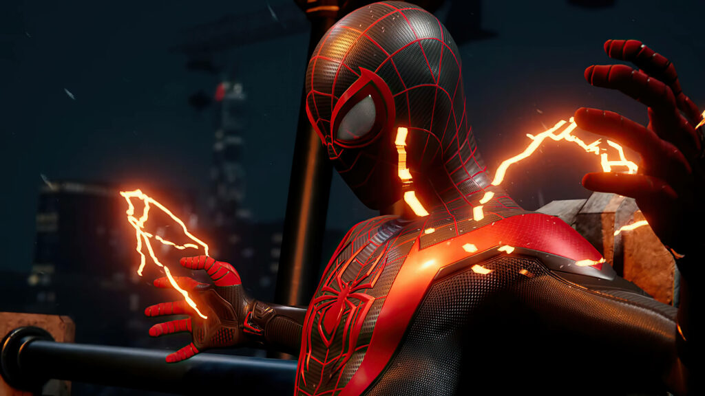 Vibrant Miles Morales Spider-Man Wallpaper With Bio-Electric Venom Powers in Moody Cityscape