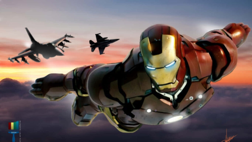 Marvel's Iron Man: A Majestic Flight Through the Sunset Skies, Surrounded by Jumbo Jets Wallpaper