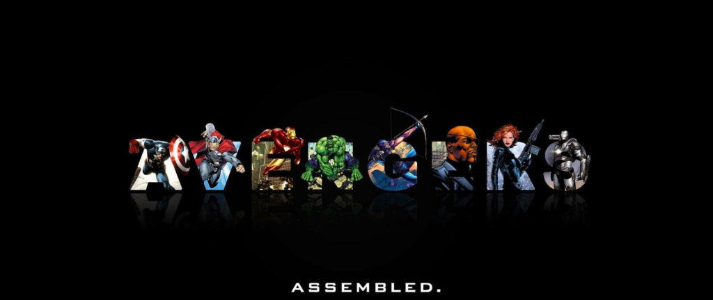 Assemble! Marvel's Avengers unite within a sleek textual representation, set against an elegant black backdrop. Wallpaper
