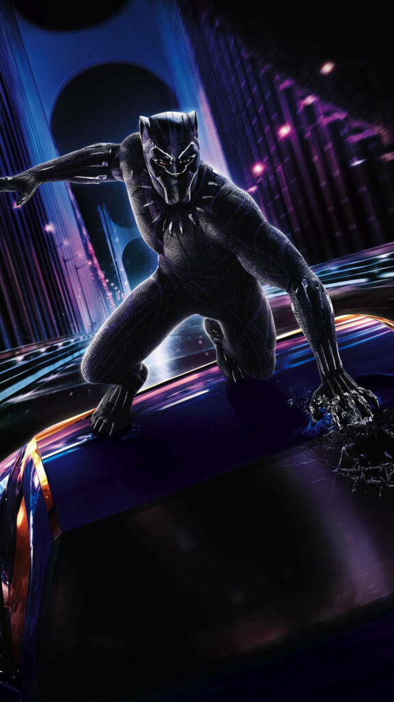 High-Tech Vibes: Marvel's Black Panther Stuns on a Futuristic Car Amidst Glowing Neon Backdrop - Impressive Android Wallpaper