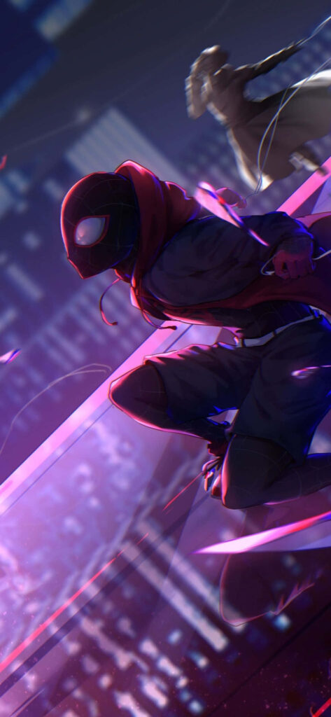Spider-Man Miles Morales Takes a Dazzling Leap on a Neon-lit Glass Wall: A Captivating iPhone Snapshot Wallpaper