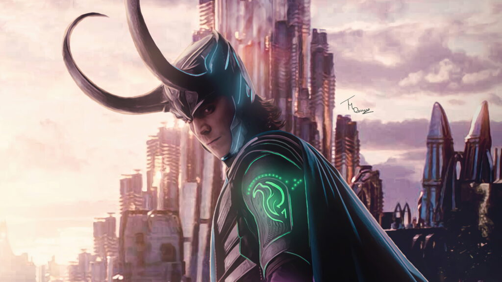 Malevolent Trickster: A Mythical Loki Unleashed in Vibrant Superhero Artwork Wallpaper