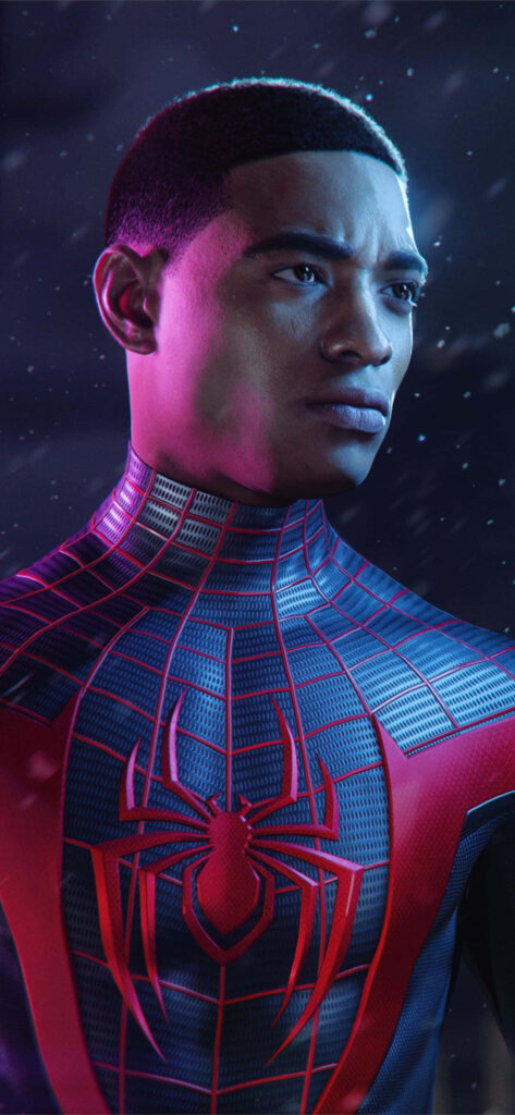 The Spectacular Miles Morales: A Captivating iPhone Portrait of the Heroic Spider-Man in his Dynamic Black and Red Suit, Amidst a Mesmerizing Snowfall Wallpaper