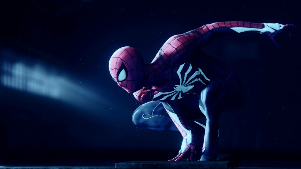 Nighttime Heroic Landing: Marvel's Spectacular Spider-Man Strikes a Pose on Cement Platform - Epic 4k Marvel iPhone Wallpaper