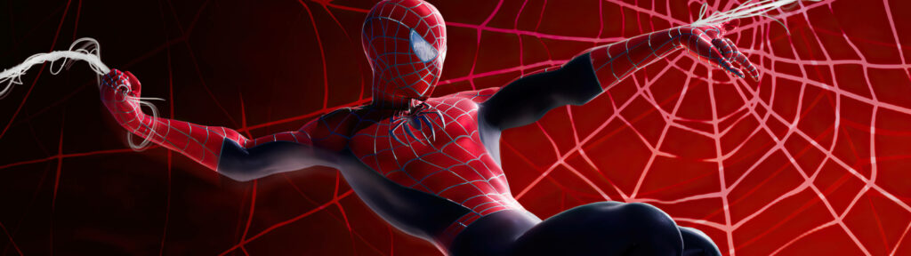 Superman Defying Gravity: Marvel's Hero Weaves His Web against a Fiery Red Sky Wallpaper