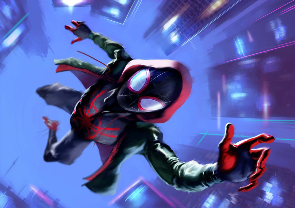 Dynamic Miles Morales Spider-Man Wallpaper: Heroic Pose Soaring Through City Lights in Black & Red Suit - Ready to Swing 