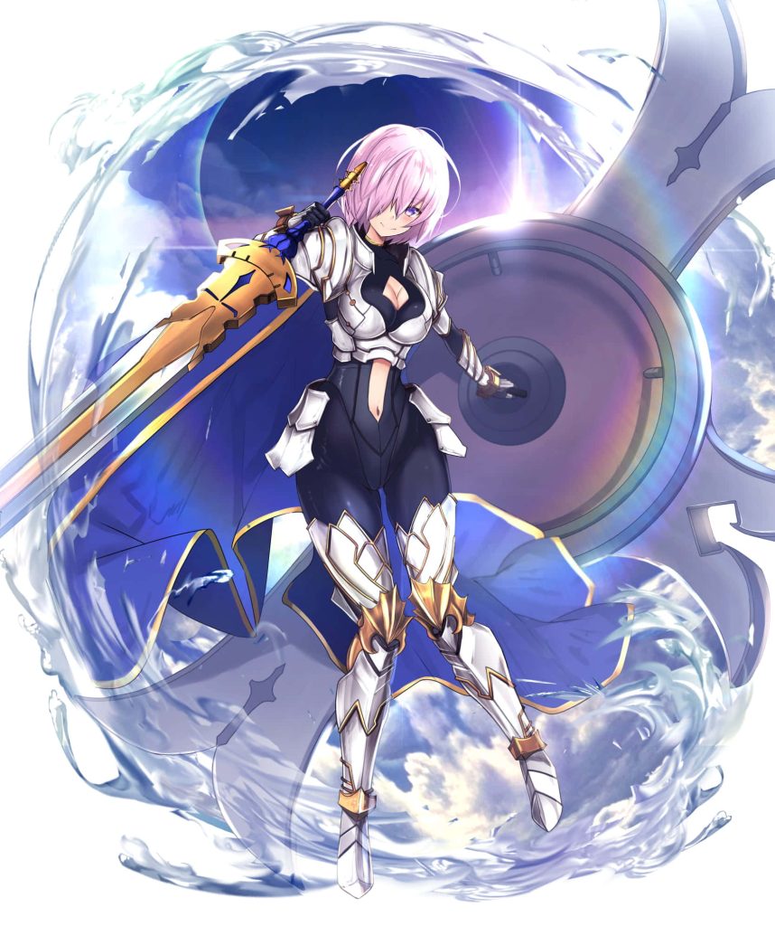 Fate Grand Order Mash Kyrielight anime wallpaper pink hair armor shield sword blue energy