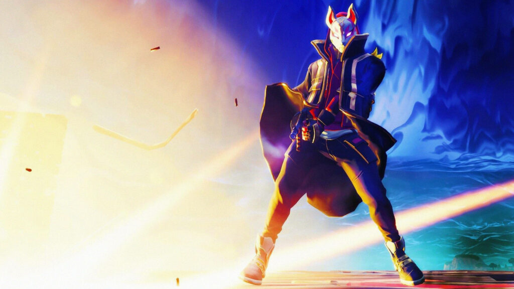 Masked Drift from Fortnite aiming gun with vibrant blue yellow backdrop action-packed wallpaper