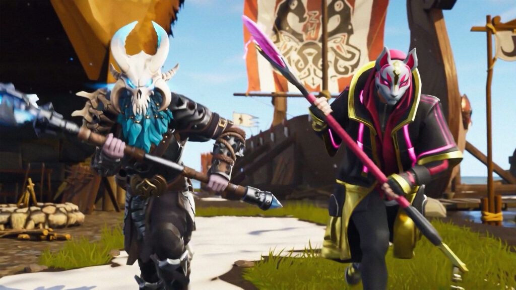 Masked Legends Unleashed: The Unbeatable Duo of Fortnite on the Prowl! Wallpaper