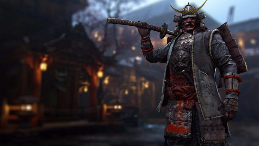 Masked samurai warrior in detailed armor wields katana in misty temple - For Honor game spirit captured Wallpaper