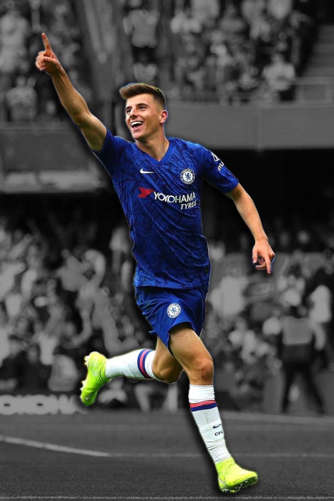 Mason Mount Chelsea celebrating goal vibrant blue kit stadium background football wallpaper