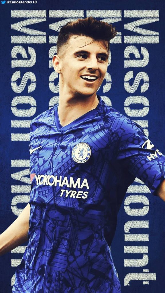 Mason Mount Chelsea FC wallpaper blue background high energy football fan portrait design