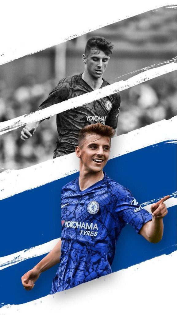 Mason Mount Chelsea FC wallpaper split effect monochrome and vibrant blue kit fan art design