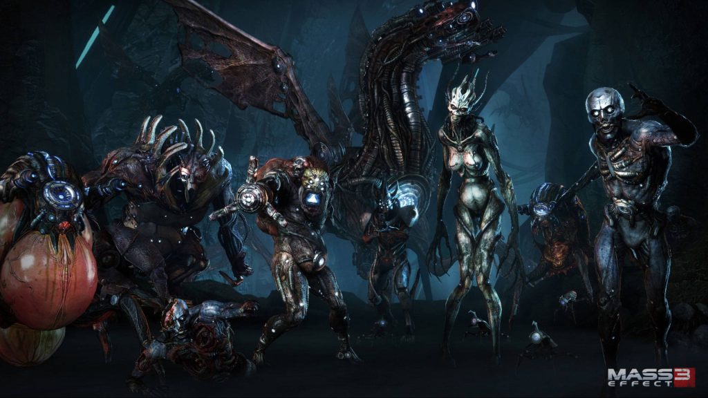 Mass Effect 3 wallpaper dark Reaper war scene with Harvester and Banshee in blue bioluminescent light